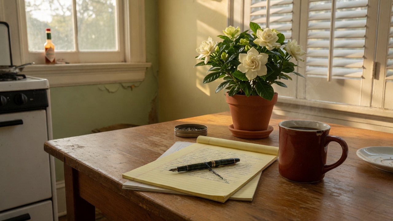 A Louisiana kitchen table at morning — coffee, a legal pad, and a fountain pen.