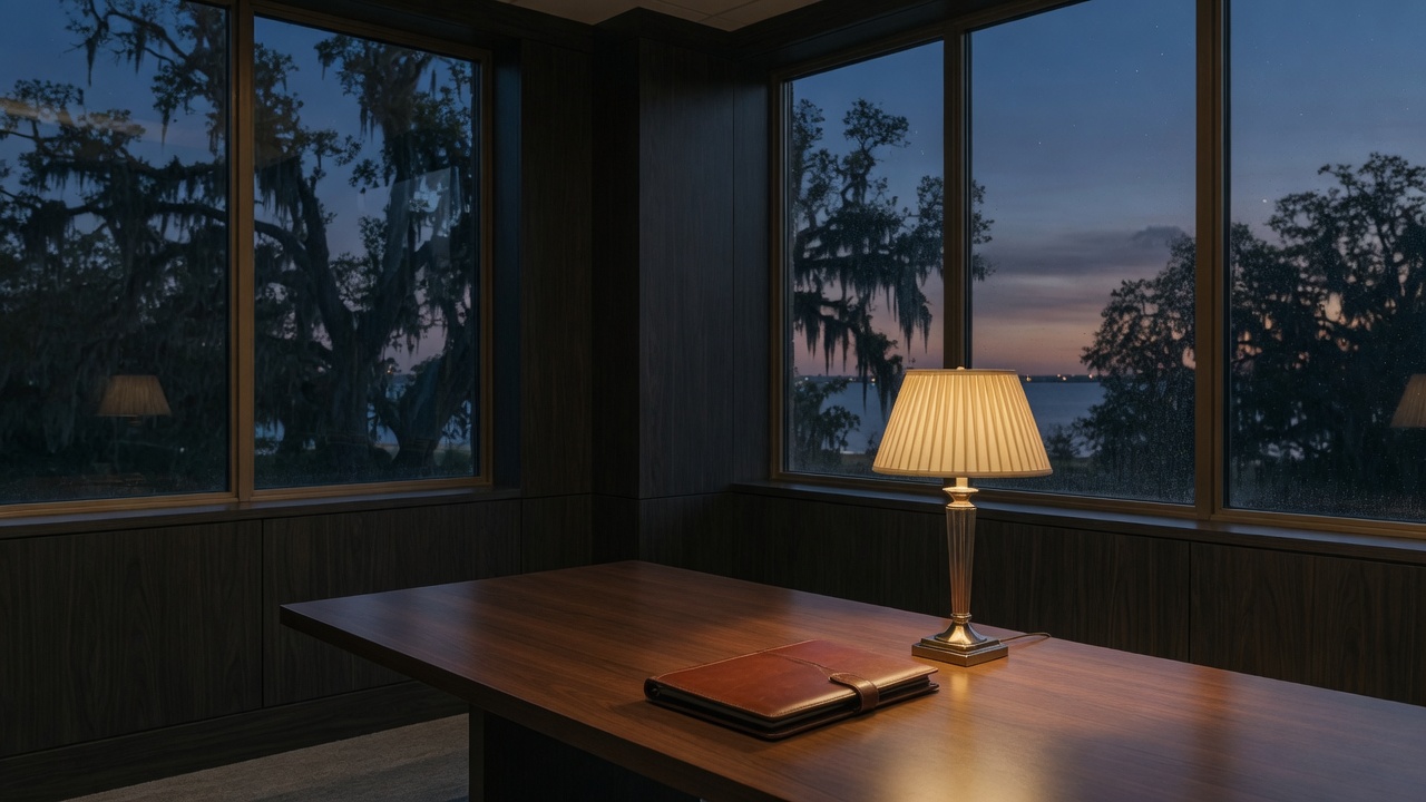 A private office at dusk on the Gulf Coast, live oaks outside the window.