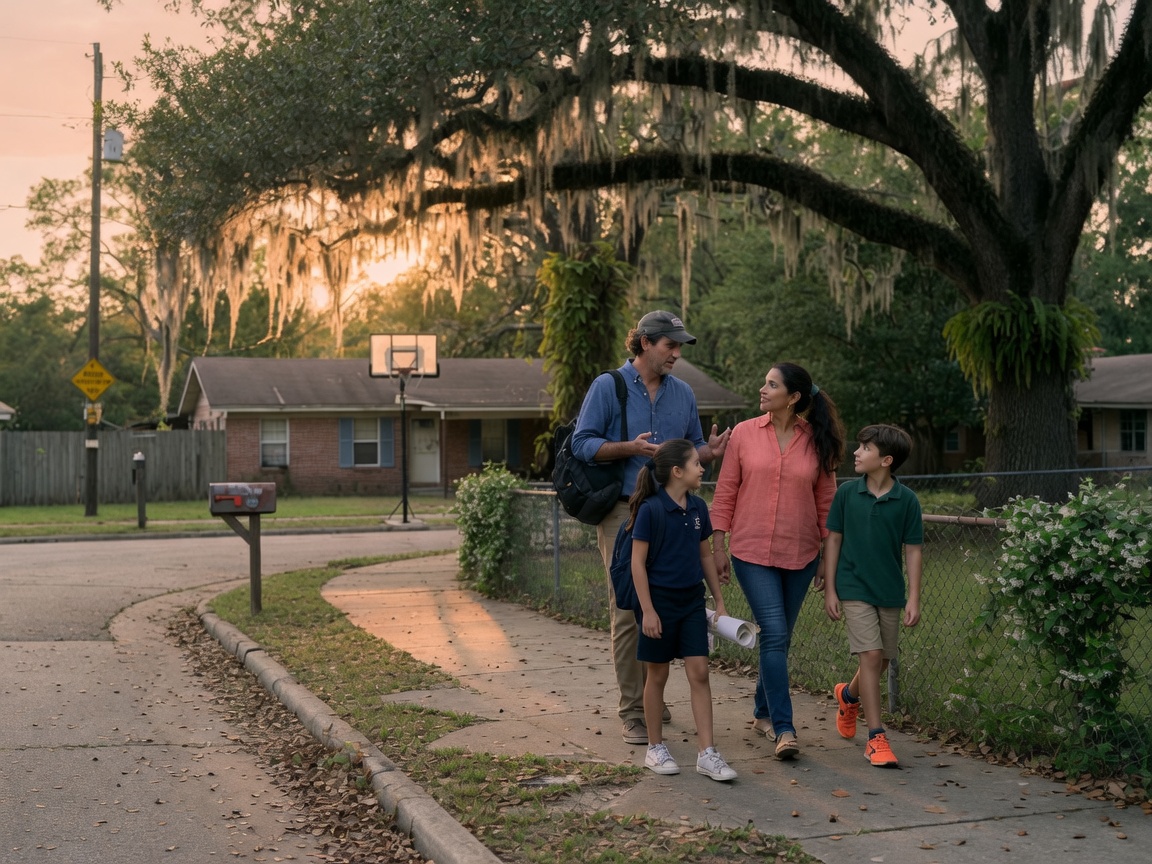 A family walking under live oaks on a Louisiana sidewalk at sunset.