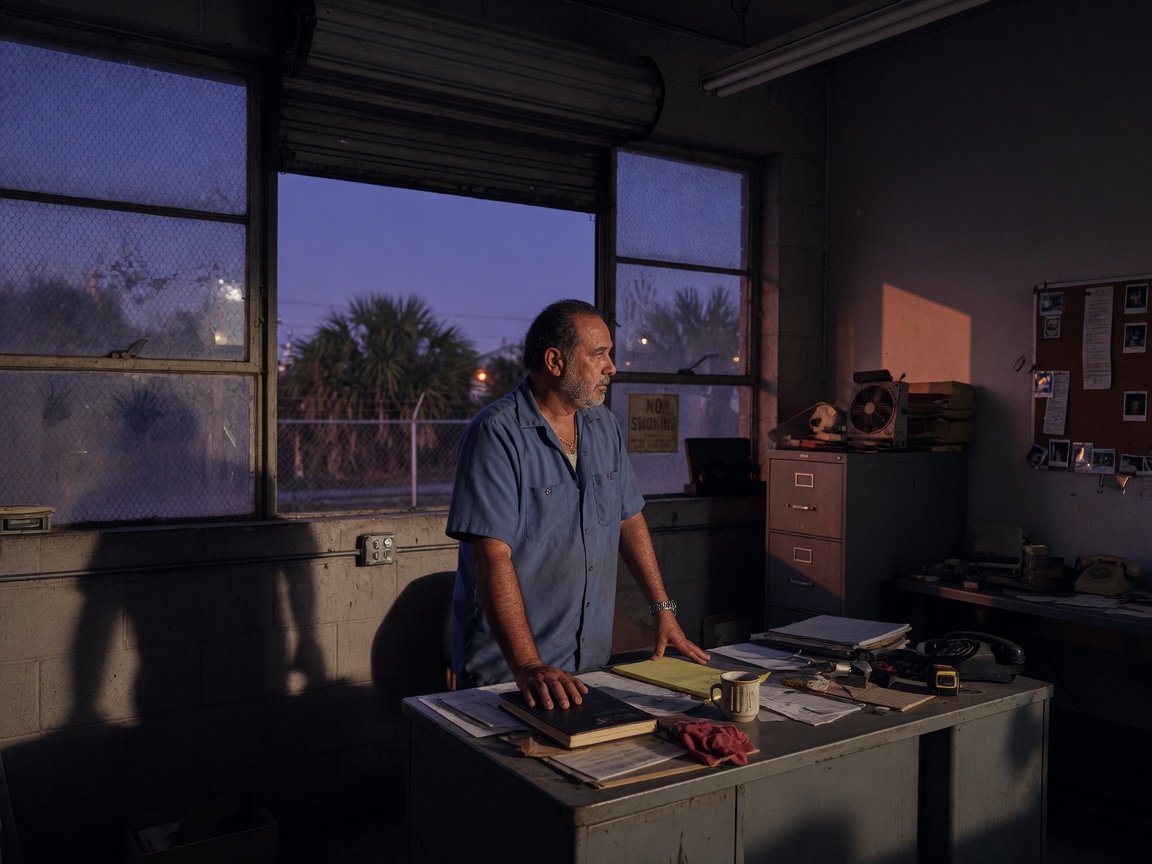 A small-company owner at his workshop desk at the end of the day.