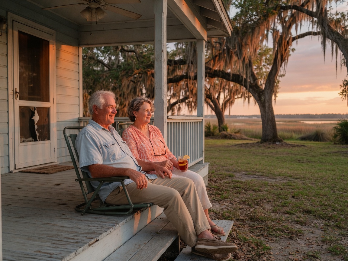 A couple in their sixties on a Gulf Coast porch at sunset.