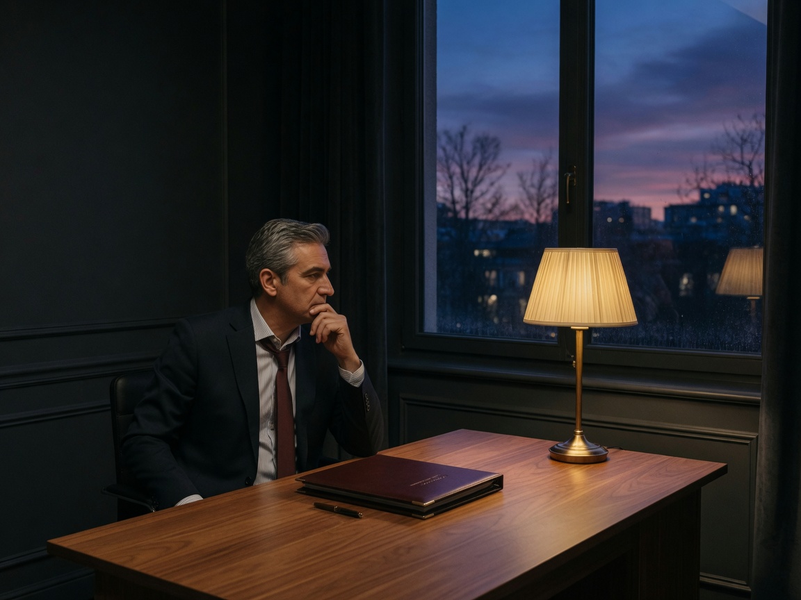 An advisor at a quiet desk looking out at twilight, portfolio closed.