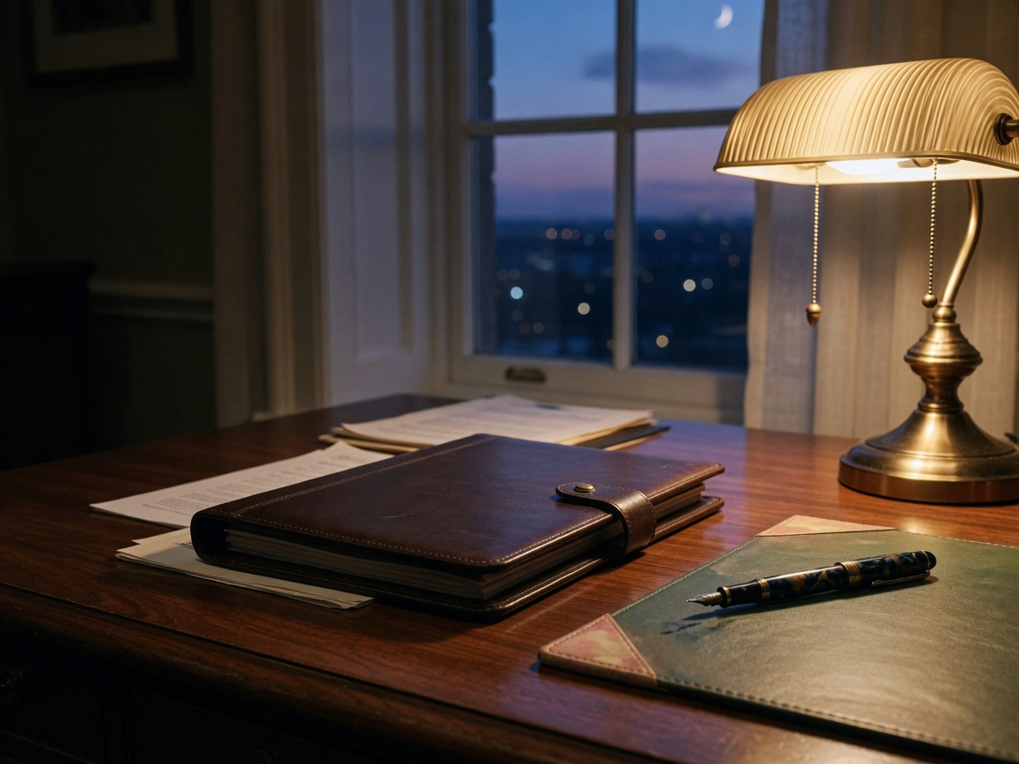 Estate documents and a fountain pen on a dark walnut desk at dusk.