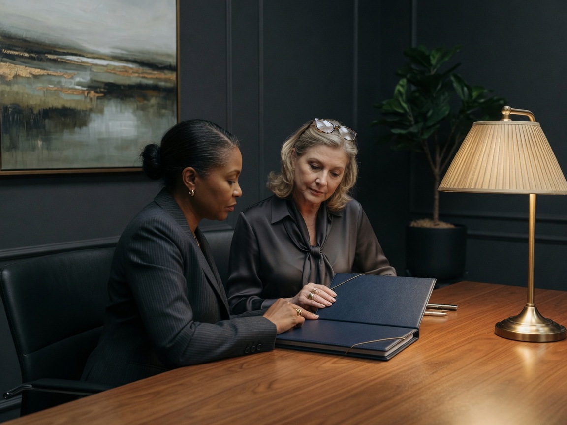 An advisor and a client reviewing a closed planning folder.